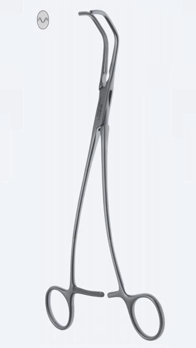 Зажими судинні, De Bakey-Satinsky, фіг. 3, зубці De Bakey, з виг ручк, вигн, довж щелеп 40 мм, з крем, довж 250 мм. Бренд - Asanus Medizintechnik Gmb, Німеччина